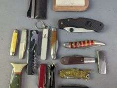 Folding Knife And Pocket Knife Collection, Various Brands And Styles, One Is Branded Barlow, Total Qty 17, And Whetstone
