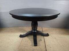 Grandin Road Round Black Dining Table with Four Red Upholstered Chairs