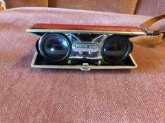 Vintage Sportiere Pocket Binoculars & Toshiba Transistor Radio In Leather Carry Case