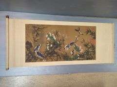 Vajrasattva Framed Print, 20.75" X 17.75" And Chinese Scroll Print Of Flowers And Birds. 56" X 23.5"