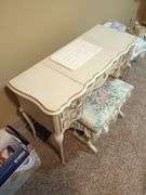 Vanity Table with Mirror and Upholstered Floral Stool