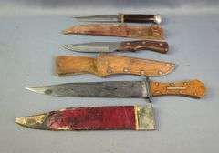 Imco Original Bowie Knife, 6" Blade, Hanson Fixed Blade Knife, 5.5" Blade, And L. Lutner Fixed Blade Knife, 10.5", All In Leather Sheaths