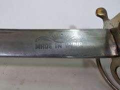 Sword Made In India With Embossed Blade, Brass Guard, And 'Deg Tegh Fateh' Written On Blade (Victory To Charity And Arms In Punjabi), 13.5" Blade, In Scabbard
