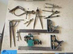 Machinist Tools Including Dividers, Calipers, Squares, Vise