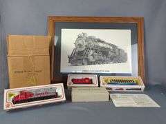 Bachmann HO Scale Train Set, Includes Santa Fe Diesel Engine And Box Car, Georgia Pacific Flat Car With Logs And Pulpwood Car, Coronet Box Car, Power Pack, Track, Signs And Telephone Poles, And Bridge'n Trestle Set With Instructions, And Frisco Locomotive 1522 Framed Print, 19" X 26"