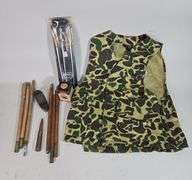 Nesco Camo Hunting Vest Size M, Cleaning Rods, Qty 3, Cleaning Patches, Butt Plate, And .50 Cal Deactivated Shell