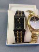 Seiko Black Toned Stainless Steel+Base Metal Watch, In Box With Spare Links, And Seiko SQ Gold Toned Base Metal+Stainless Steel Back Watch