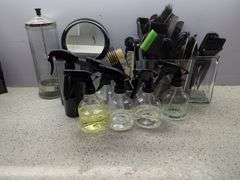 Salon Supplies Including Spray Bottles, Combs, Brushes, Mirror & Barbicide Jar