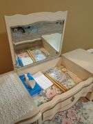 Vanity Table with Mirror and Upholstered Floral Stool