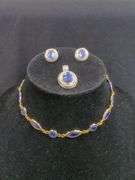 Ladies Vintage Glass Beaded Necklace With Matching Cluster Clip-On Earrings, Gold Toned And Blue Crystal Necklace And Pendant With Earring Set