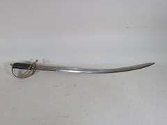 Sword Made In India With Embossed Blade, Brass Guard, And 'Deg Tegh Fateh' Written On Blade (Victory To Charity And Arms In Punjabi), 13.5" Blade, In Scabbard