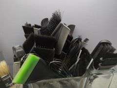 Salon Supplies Including Spray Bottles, Combs, Brushes, Mirror & Barbicide Jar