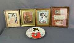 Japanese Art Collection: Framed Prints, Japanese Notes, and Decorative Plate