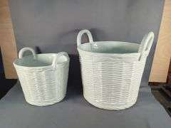 Ceramic Flower Pots, Qty 2, 12" x12 1/2" And 16" x 16", Woven Basket 6" x 10 1/2", Footstool 9 1/2" x 16" x 10", And Runner, 16 1/2" x 78"