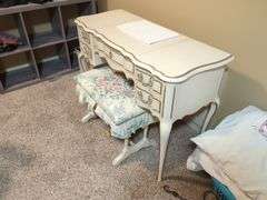Vanity Table with Mirror and Upholstered Floral Stool