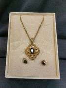 Ladies Pierced Gold Toned Earrings with Purple Stone, Gold Toned Necklace Set with Black and Clear Stones