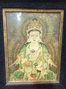 Vajrasattva Framed Print, 20.75" X 17.75" And Chinese Scroll Print Of Flowers And Birds. 56" X 23.5"