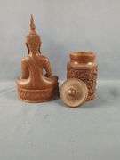 Carved Wood Buddha Statue And Floral Canister Set