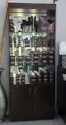 Salon Display Cabinet With Mirrored Back, Glass Shelves And Lower Storage, Contents NOT Included, Thursday Pick Up ONLY