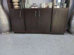 Salon 3-Section Display Cabinet With Mirrored Back, Glass Shelves And Lower Storage, Contents NOT Included, Friday Pick Up ONLY