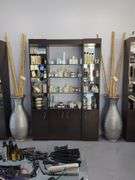 Salon 3-Section Display Cabinet With Mirrored Back, Glass Shelves And Lower Storage, Contents NOT Included, Friday Pick Up ONLY