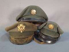 Post WWII US Army Senior Officer's Visor Cap, US Army M-1952 Vietnam Era Dress Cap, And US Army Service Cap