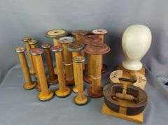 Wood Spools, Various Sizes, Qty 15, Hat Stretchers, Qty 2, And Foam Mannequin Head On Wood Head Stand