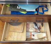 Assorted Kitchenware Including Wood Cutting Board, Cooking Utensils And More, Contents Of 2 Drawers