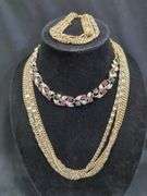 Ladies Rhinestone Choker and Sarah Coventry Layered Gold Tone Necklace and Bracelet Set