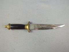 Fixed Blade Knife Made In India With Embossed Blade, Brass Guard And Pommel, And 'Deg Tegh Fateh' Written On Blade (Victory To Charity And Arms In Punjabi), 5" Blade, In Scabbard