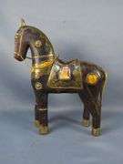 Hand Carved Wooden Horse Statue With Brass Accents