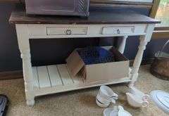 Antique Farm House Distressed Console Table with Drawers and Lower Slat Shelf