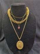 Ladies Gold Tone Sarah Coventry Locket Necklace, Rhinestone Ladybug Pendant with Gold Tone Chain, and Double Link Chain Necklace Total Qty 4