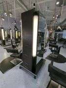 Double Sided Salon Styling Station With Rollout Storage And Power Supply On Casters