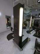 Double Sided Salon Styling Station With Rollout Storage And Power Supply On Casters