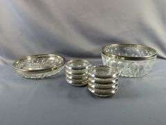 Cut Glass Serving Ware With Silver Toned Rims