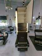 Double Sided Salon Styling Station With Rollout Storage And Power Supply On Casters