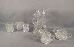 Crystal Cut Glass Pitcher, Creamer, Sugar Bowl, And Glasses