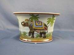 Ceramic Elephant Motif Jar, Planter, and Metal Palm Tree Candlestick - 3 Piece Set