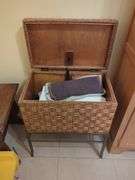 Wicker Storage Chest, Wooden Stools, and Wicker Stool