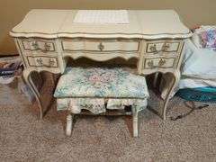Vanity Table with Mirror and Upholstered Floral Stool