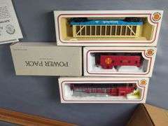 Bachmann HO Scale Train Set, Includes Santa Fe Diesel Engine And Box Car, Georgia Pacific Flat Car With Logs And Pulpwood Car, Coronet Box Car, Power Pack, Track, Signs And Telephone Poles, And Bridge'n Trestle Set With Instructions, And Frisco Locomotive 1522 Framed Print, 19" X 26"