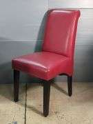 Grandin Road Round Black Dining Table with Four Red Upholstered Chairs