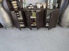 Salon 3-Section Display Cabinet With Mirrored Back, Glass Shelves And Lower Storage, Contents NOT Included, Friday Pick Up ONLY