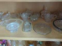 Decorative Cut Glassware Including Serving Bowls, Candy Dishes, Trays And More, Contents Of Shelf