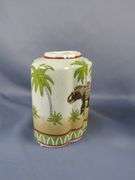 Ceramic Elephant Motif Jar, Planter, and Metal Palm Tree Candlestick - 3 Piece Set