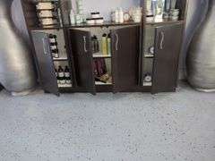Salon 3-Section Display Cabinet With Mirrored Back, Glass Shelves And Lower Storage, Contents NOT Included, Friday Pick Up ONLY