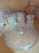 Decorative Cut Glassware Including Serving Bowls, Candy Dishes, Trays And More, Contents Of Shelf
