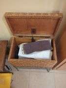 Wicker Storage Chest, Wooden Stools, and Wicker Stool