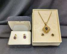 Ladies Pierced Gold Toned Earrings with Purple Stone, Gold Toned Necklace Set with Black and Clear Stones
